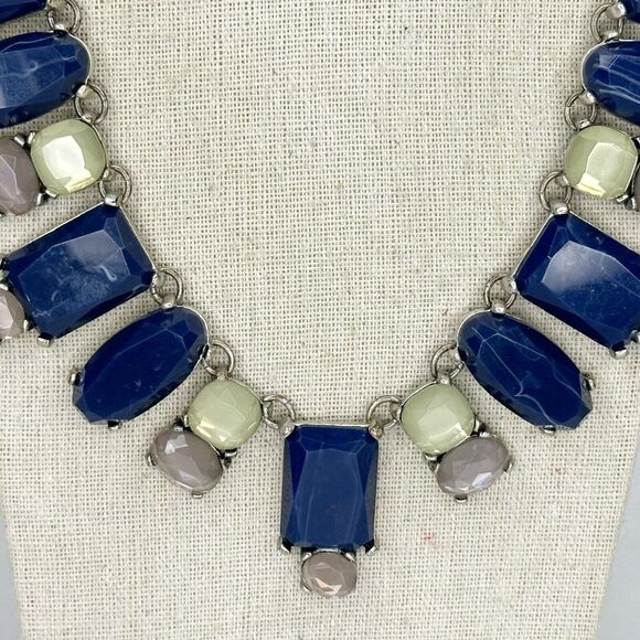 Chicos Blue Rhinestone Crystal Bib Statement Silver Tone Necklace ✨ - Picture 2 of 12